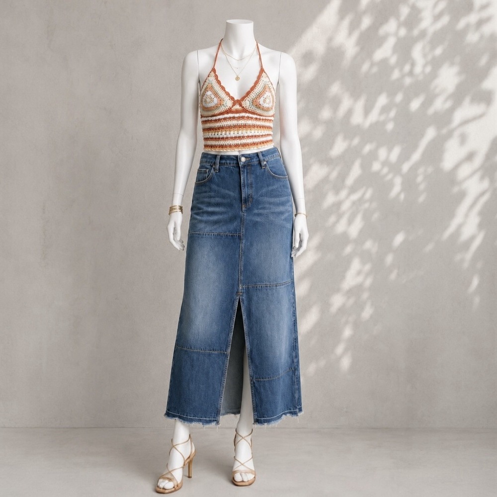 Free People Leann Patchwork Denim Maxi Skirt 31 Medium Wash Boho Festival